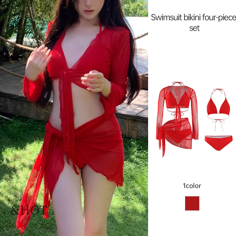 Seksi  Bikini  Set 4 potong  Pemutih  Merah  Pemandian Air Panas  Baju Renang  Liburan  Baju Renang 