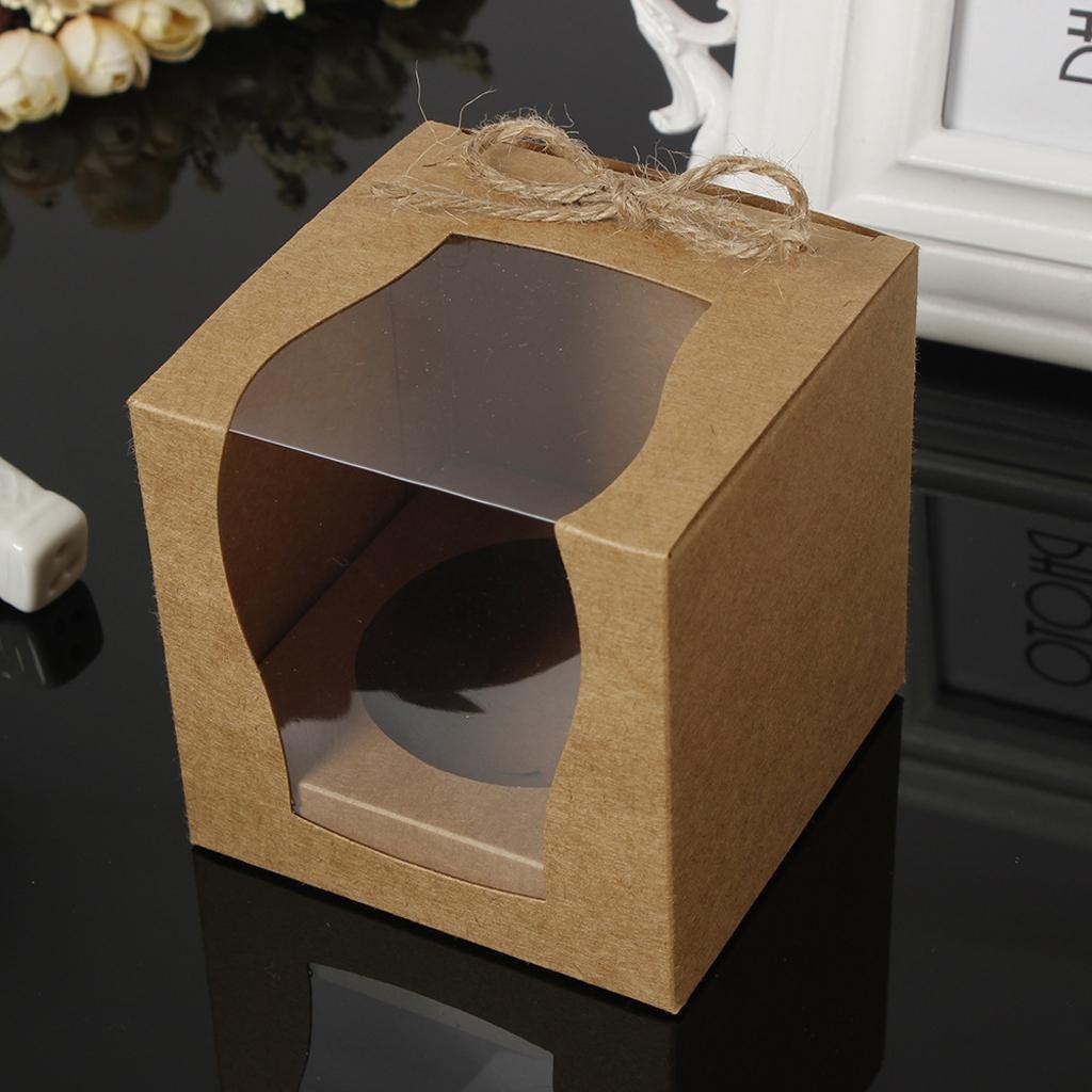 

12pcs/Set Vintage Paper Cake Cupcake Box Bakery Box With Window Paper with Rope Birthday Wedding Favor Gift Mini Box Packaging