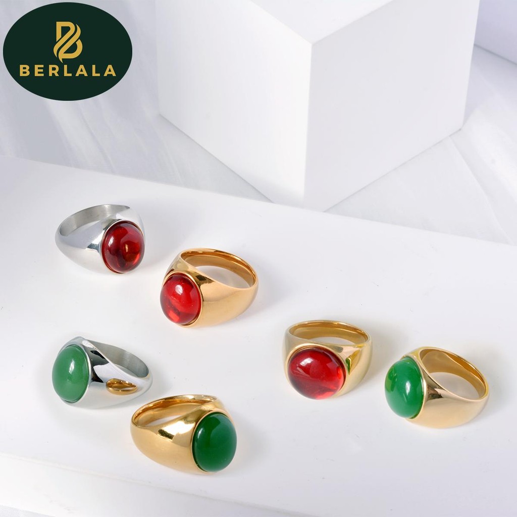 Berlala Cincin Aksesoris Pria Wanita Batu Permata Bulat Oval Stainless Steel Fashion Kekinian