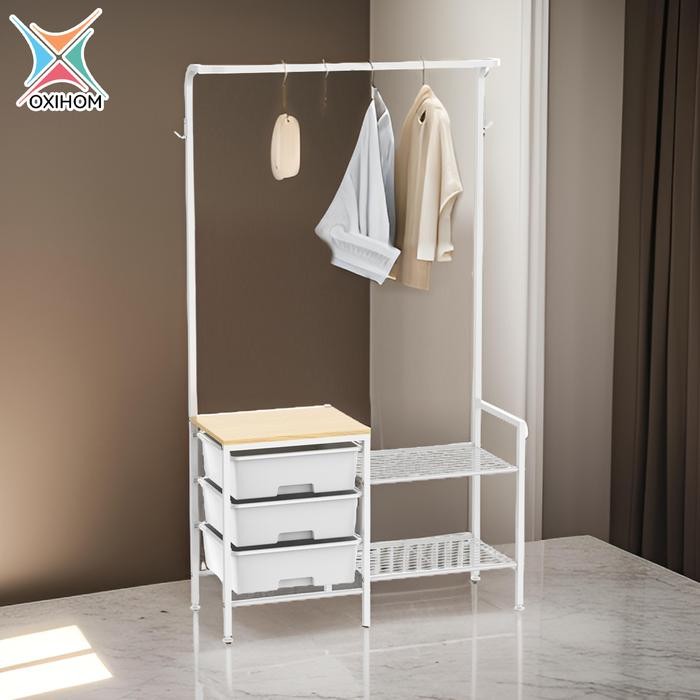 Oxihom Lemari Pakaian Gantungan Baju Full Drawer Pakaian Lemari Baju Gantung 3 Laci Susun Besi Kayu 