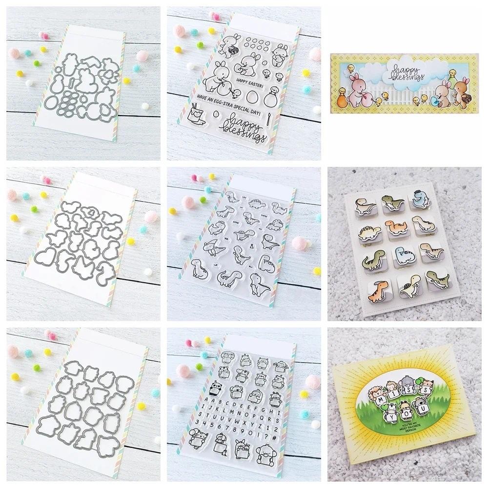 

Mini Dinosaur Rabbit Critter with Banner Metal Cutting Dies Happy Blessings Clear Stamps DIY Scrapbook Holiday Theme Paper Card