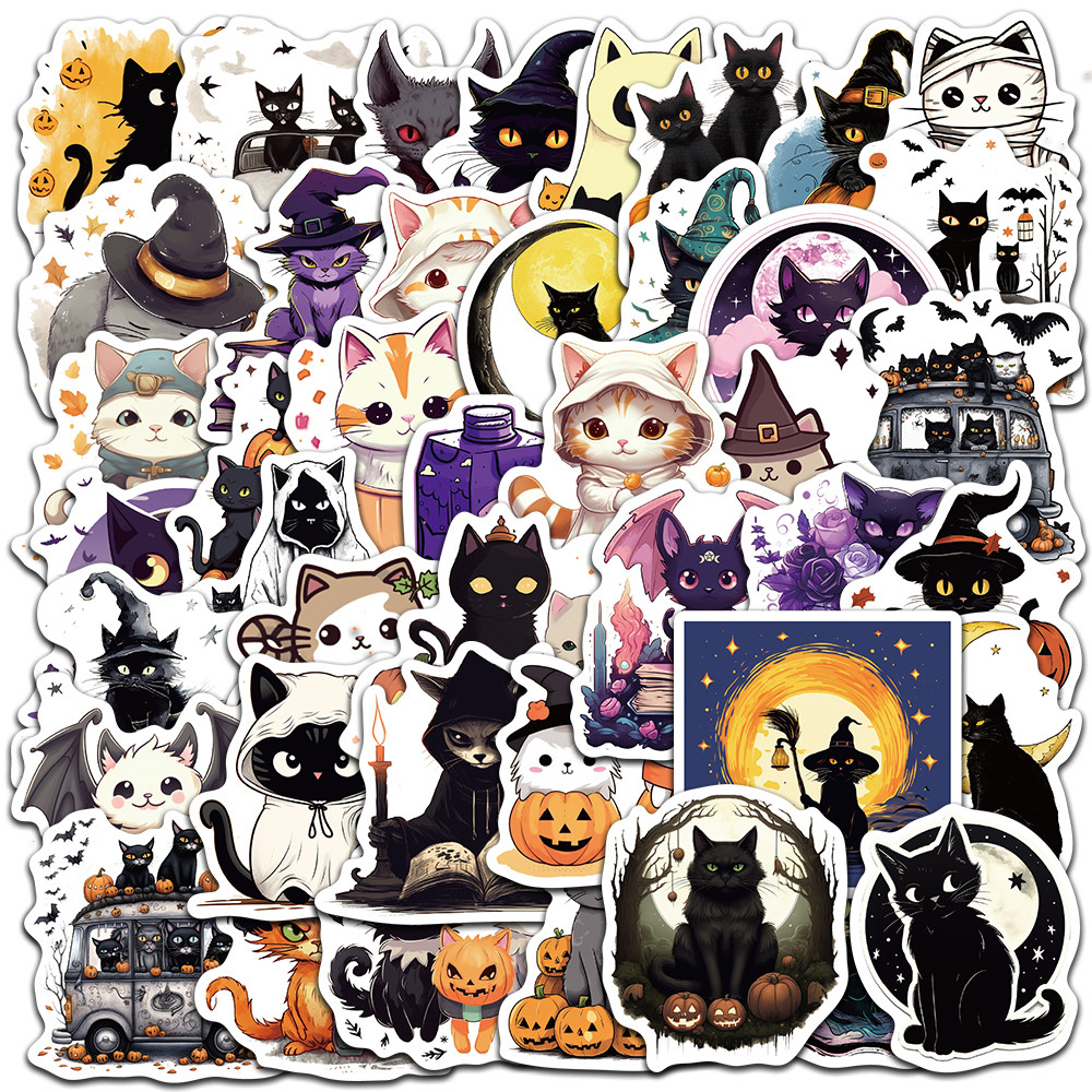 

50pcs Cute Cartoon Halloween Cats Stickers For Laptop Water Bottle Luggage Stationery Notebook Waterproof Vinyl Phone Decals