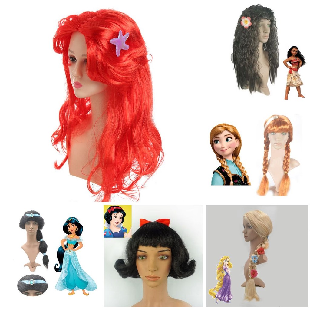 Wig Rambut Palsu Cosplay Princess Anak Dewasa Ariel Mermaid Merah Putri Duyung Snow White Rapunzel M