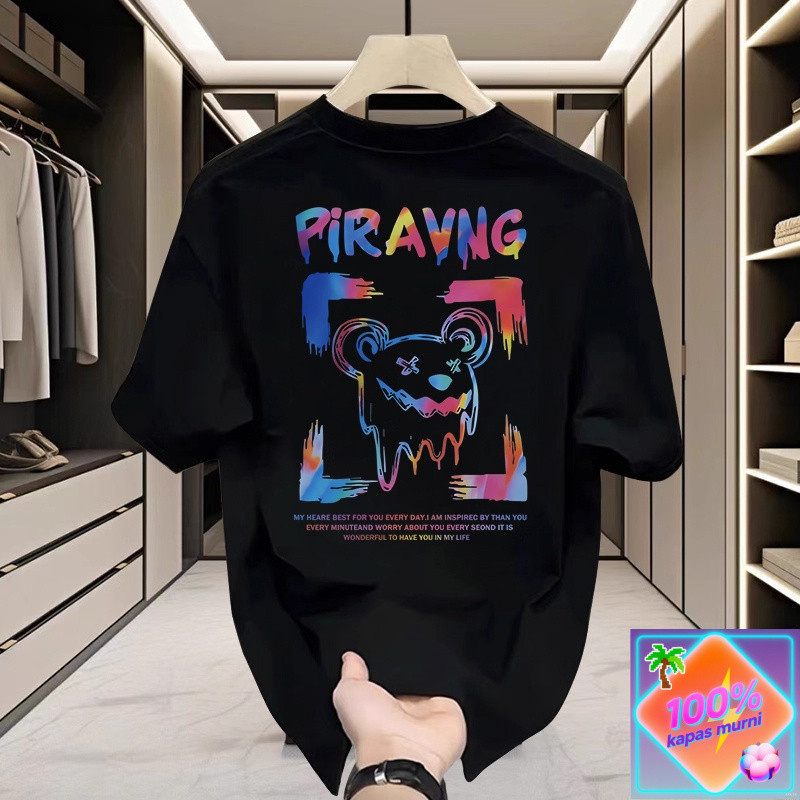 Trend Cetak Beruang Grafiti Gradien! Kaos T - Shirt Pendek Pria Kasual Katun, Unik dan Modis