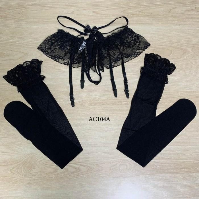 Garter Belt Stocking Set Lingerie Transparan Hitam Renda Premium AC104A