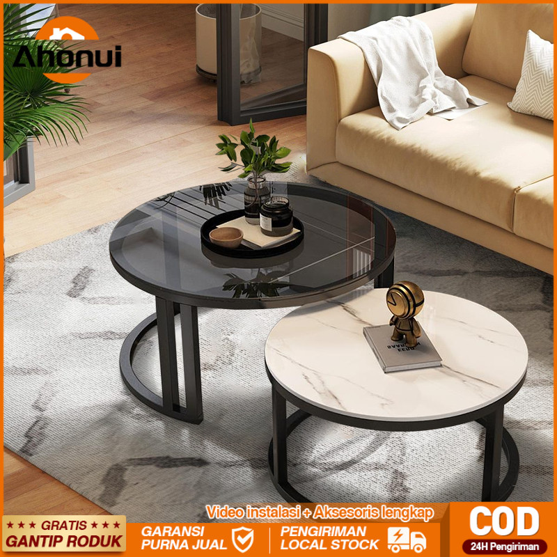 Meja Kopi Kaca Lempengan Batu2 in 1/Meja Tamu 2 Tingkat Sintered Stone/Meja Kopi Kombinasi Mewah Mod