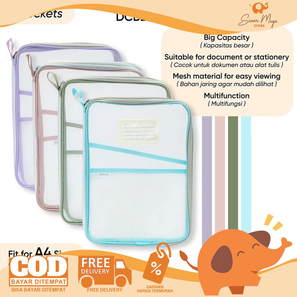 

JOYKO Document Bag Large DCBL-112 A4 - Map Dokumen Zipper Jaring Pastel Murah