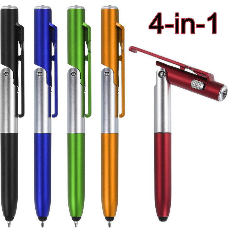 

4 In 1 Black Ink Pen Multifunction Ballpoint Pen with LED Flashlight Folding Phone Holder Touch Ballpoint Pen For Office Workers