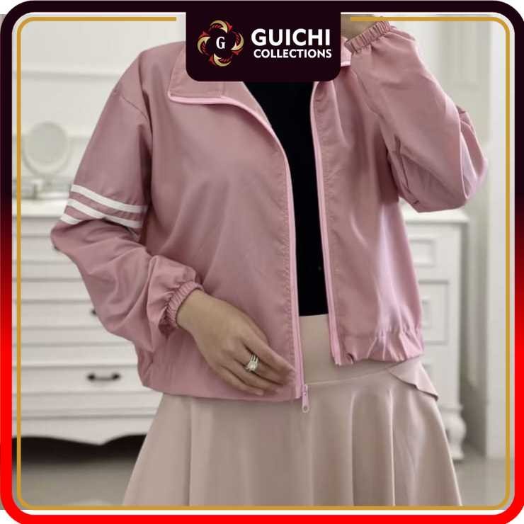 Bigsale Jaket Crop Wanita Trendy Garis Putih Ditangan / Jaket Parasut Sporty Olahraga Wanita