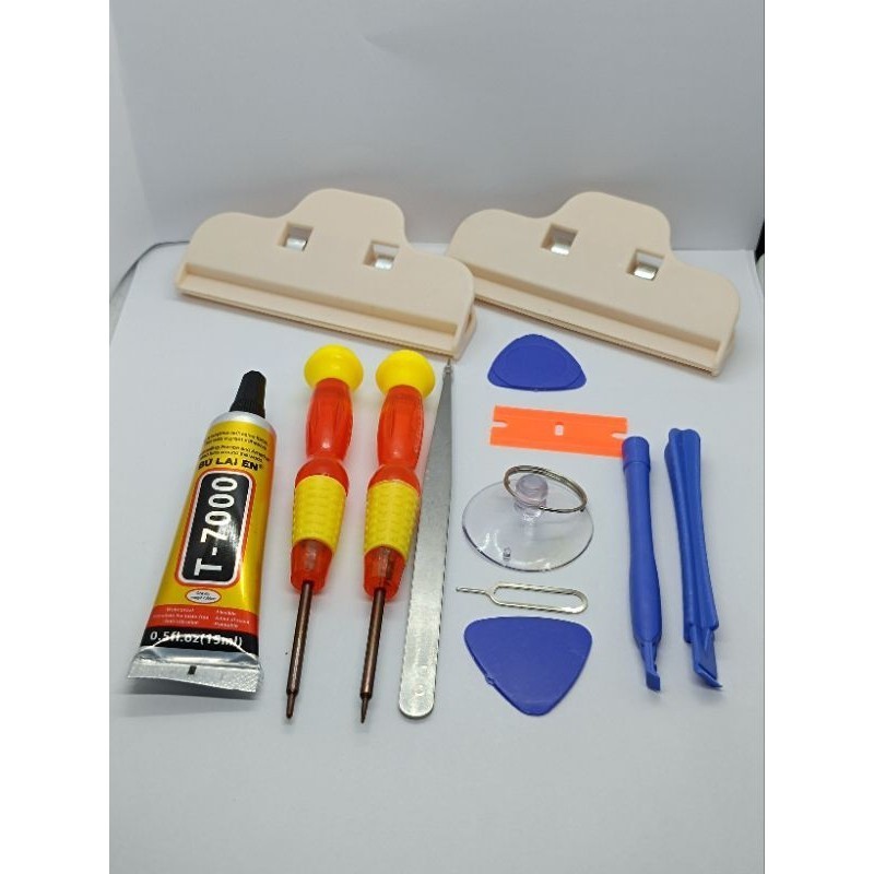 paket kumplit alat servce bongkar hp handpone obeng 10 in 1 set+lem t7000 15ml hit+penjepit lcd 2pcs