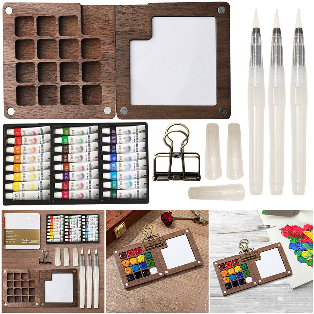 

Travel Paint Palette Mini Watercolor Palette Set with Clip Portable Watercolor Set Wooden Grid Paint Box Gift for Kids