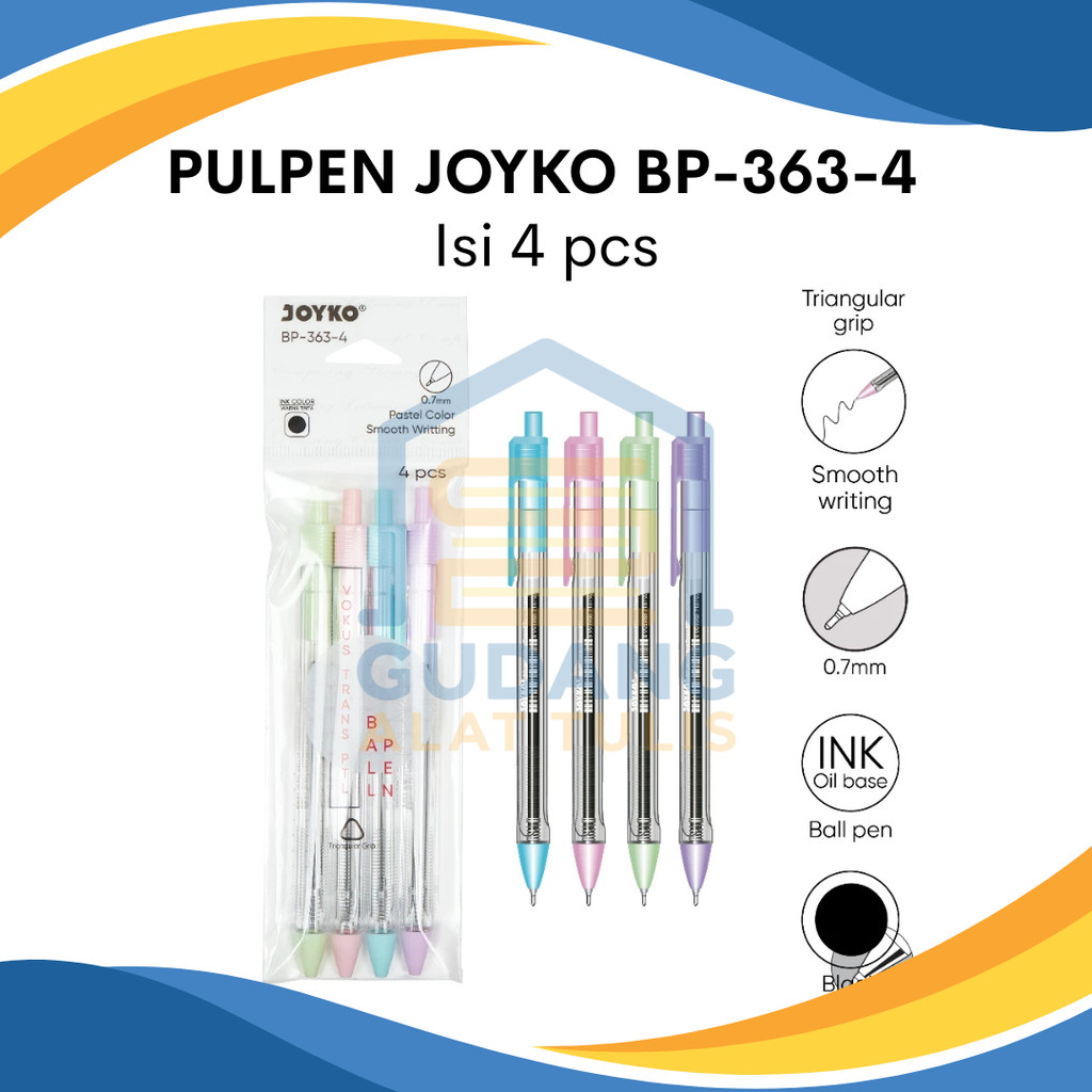 

PULPEN BALLPOINT JOYKO BP-363-4 VOKUS TRANS PASTEL 0.7MM ISI 4 PCS
