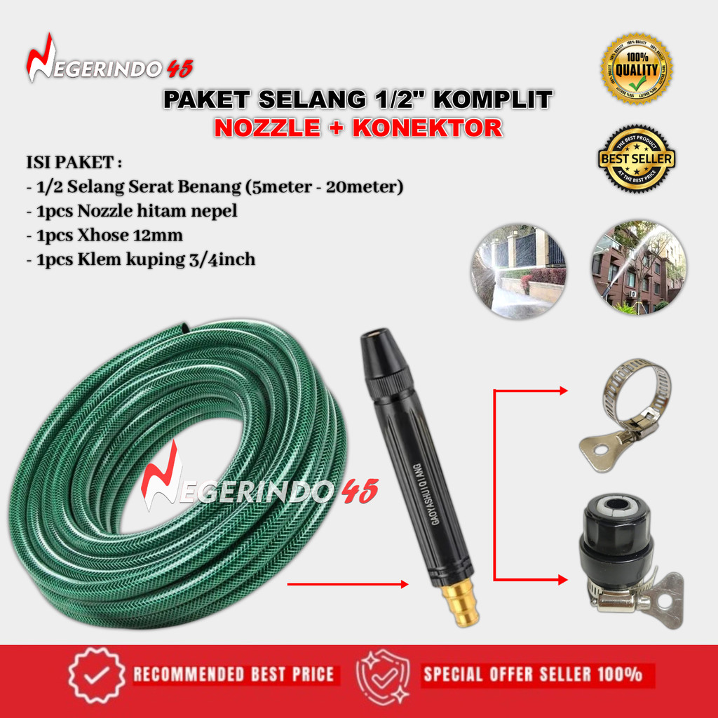 PAKET SELANG 1/2 INCH SEMPROTAN AIR CUCI MOTOR MOBIL SIRAM TAMAN SERAT BENANG HIJAU ANTI LUMUT TEKUK