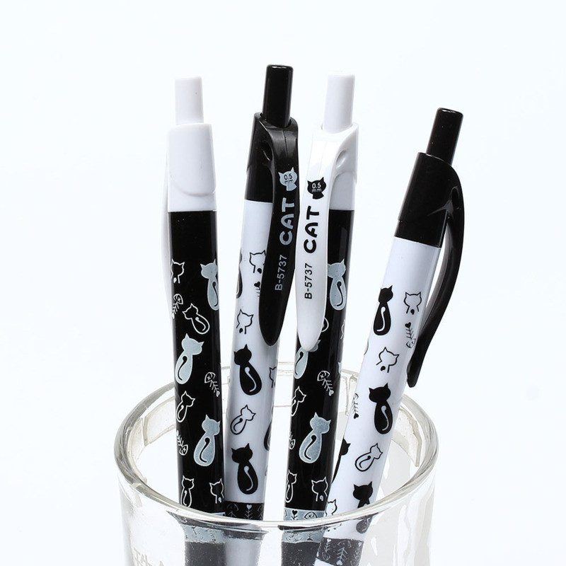 

4 PC Cute Black White Cat Ballpoint Pen Kawaii 0.5mm Blue Stationery Pen Office School Supplies Estojo Escolar