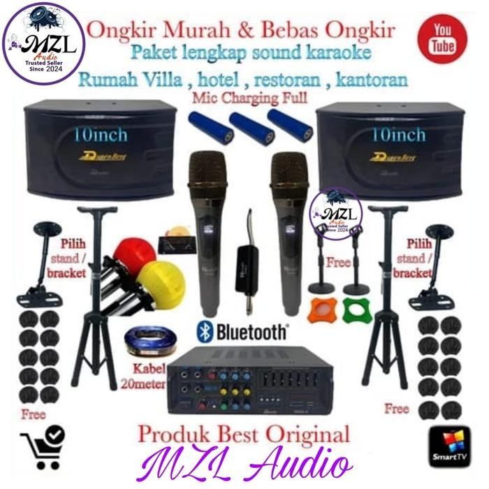 Paket Set karaoke Sound system 10 inch Mic wireless full charging ori