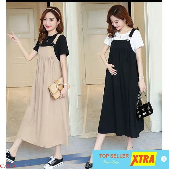 Pusat Baju Overall Bumil RO Overall wanita babytery cream/hitam Supliyer Fashion