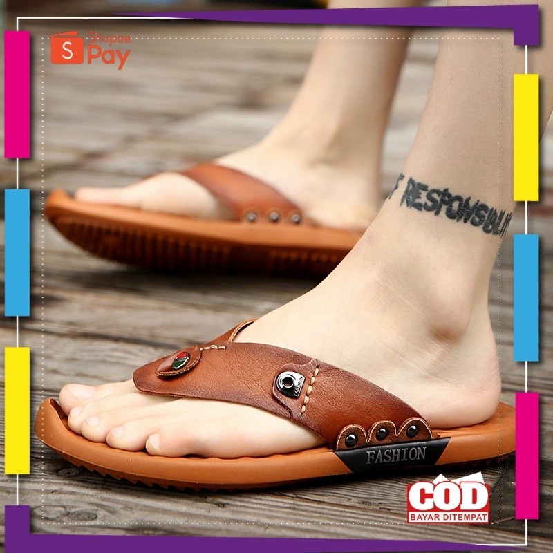 [PREMIUM ORIGINAL] 100% Kulit Asli COD Sandal Jepit Pria Olahraga Sandal Outdoor Fashion Karet Rumah