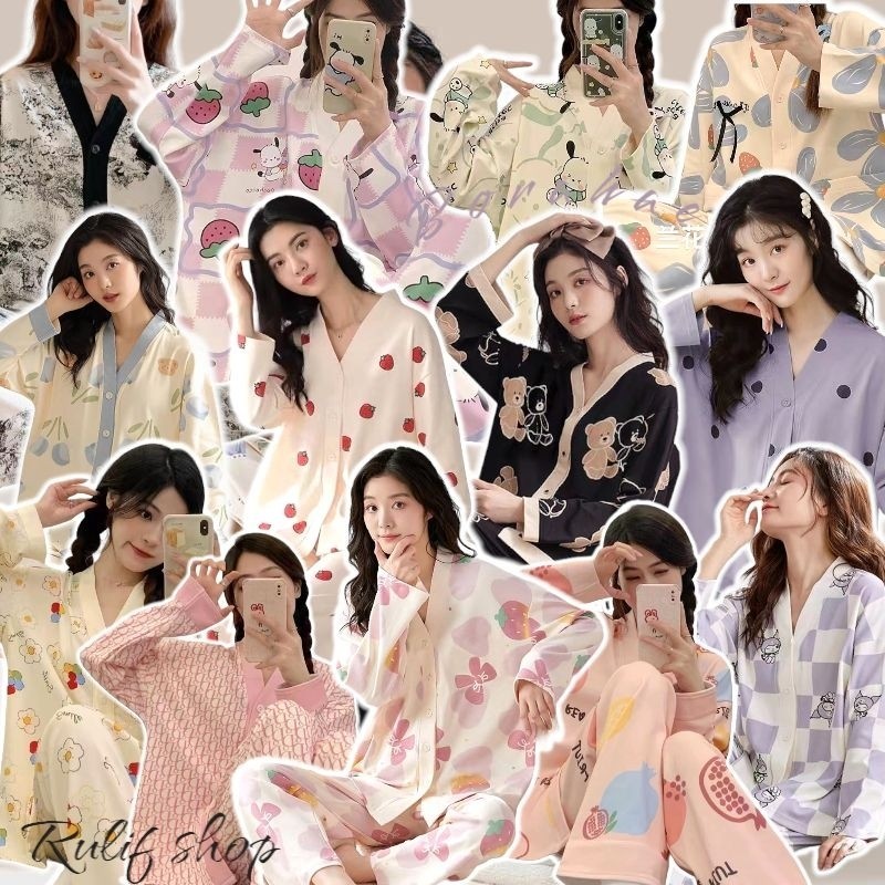 SETELAN ONE SET PIYAMA BAJU TIDUR PP WANITA DEWASA KATUN VNECK BUSUI IMPORT STELAN PIAMA PAKAIAN FAS