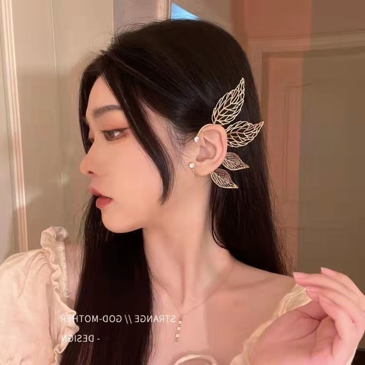 Luxury Fashion Chic Elf Ear Cuff Maple Leaf Hollowed Zircon Leaf Cosplay Fairy Clip on Earrings Clip