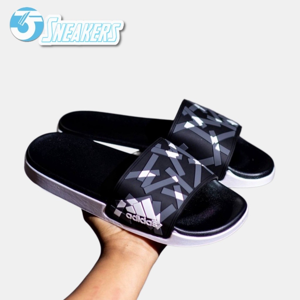 Sepatu Sandal ADIDAS Adilette ORIGINAL Black White Motip / Sneakers Pria ORI SALE Termurah