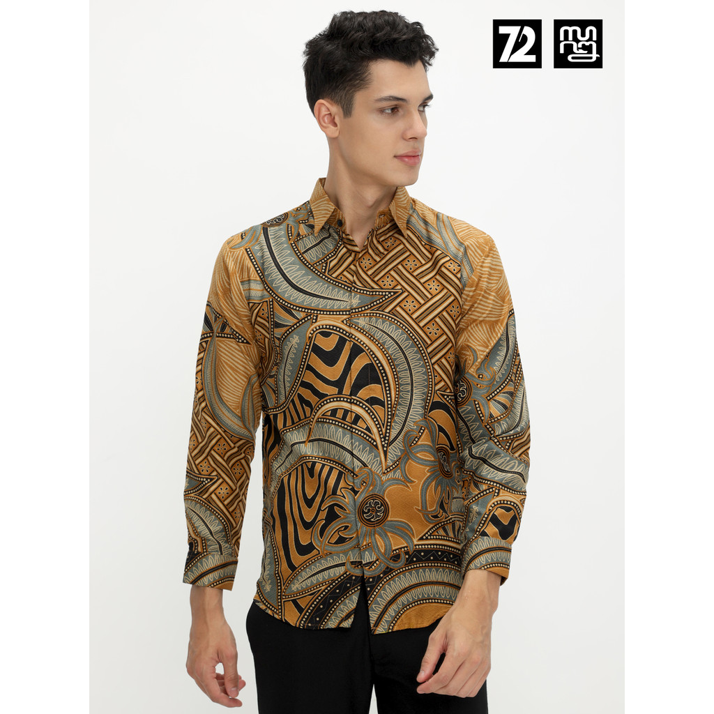 KEMEJA BATIK PRIA Dobby Lengan Panjang Premium Motif Aeolus Warna Kuning Biru 724963 Cap 72 - Baju K