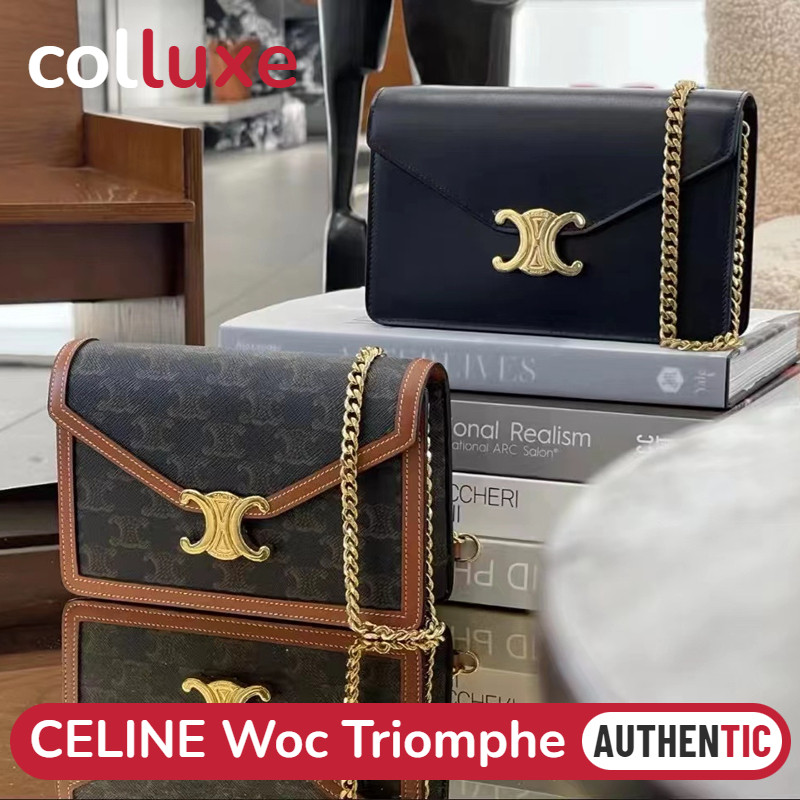 CELINE WOC TRIOMPHE Embroidered Fabric Chain Wallet 7 Inch Embroidered Fabric Chain Wallet