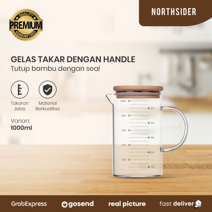 Gelas takar kaca glass measuring jug gelas ukur tutup bambu - 1000ml