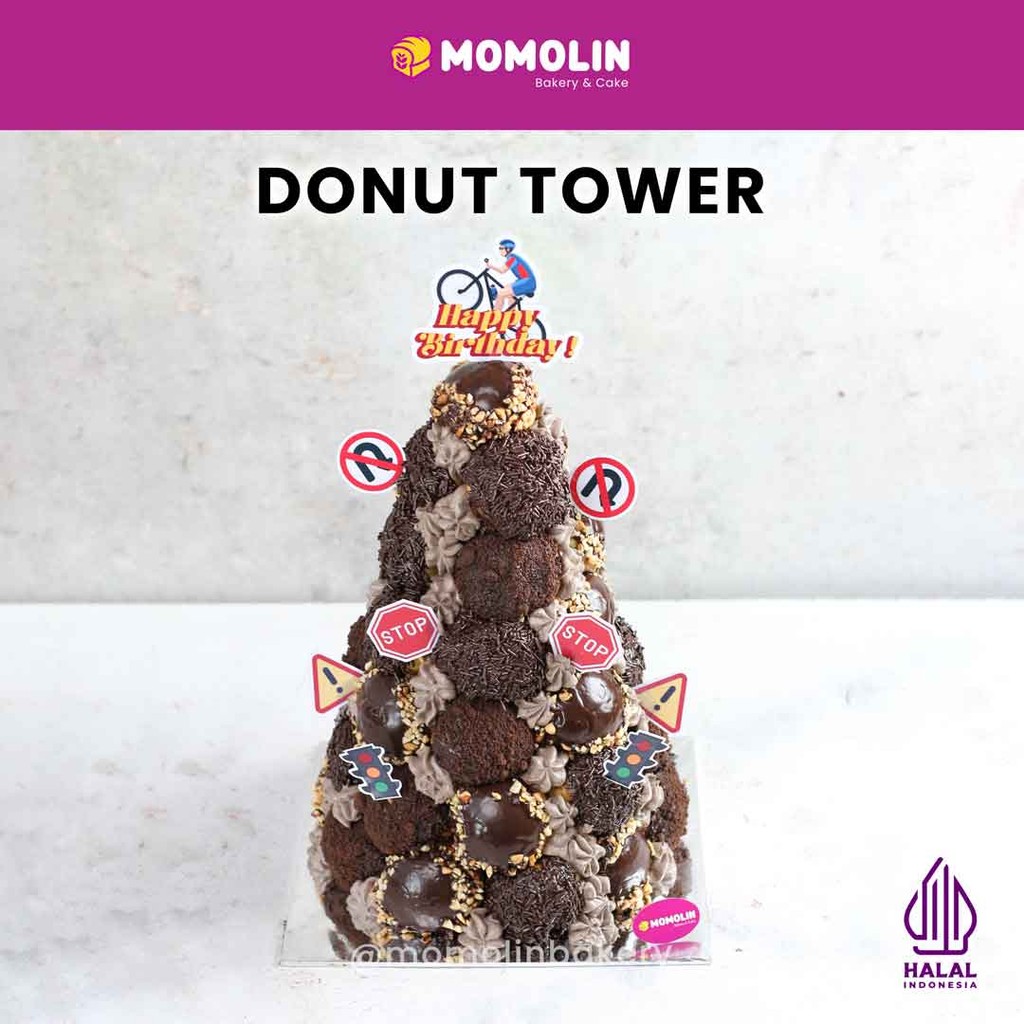 

Momolin Bakery Donat Tower - Donat Tower Ultah- Donal Tower Kekinian - Custom Donat Tower Viral