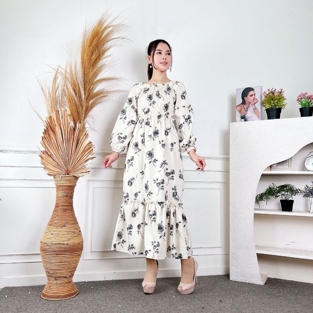 JIA Fashion Baju Dress Maxi Wanita Terlaris / Dress Andini Motif Bunga / Dress  Casual Panjang Flora