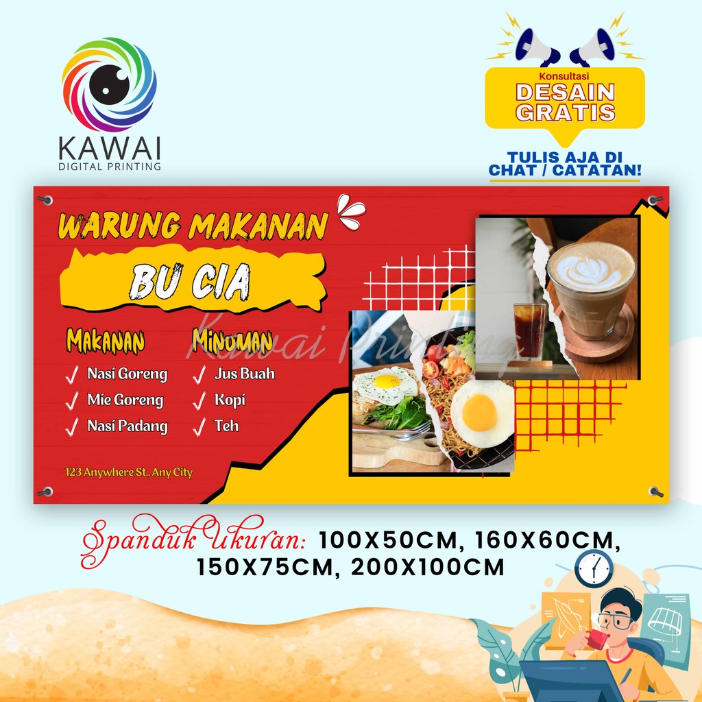 SPANDUK / BANNER Warung Makan Makanan Warteg Merah Kuning Free Desain