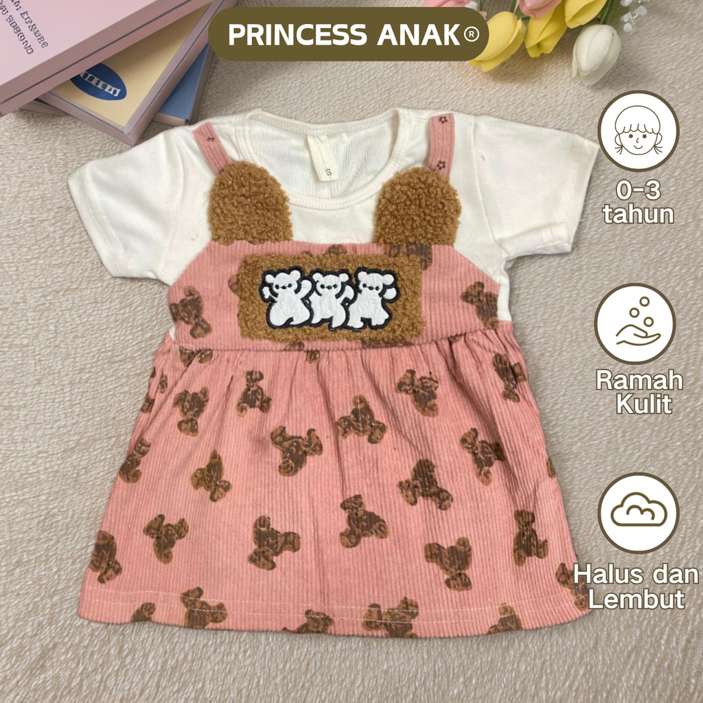 [PRINCESS ANAK] 0-3 Tahun Dress Anak Perempuan Gaun Anak Perempuan Motif Beruang Lucu - Dress Import