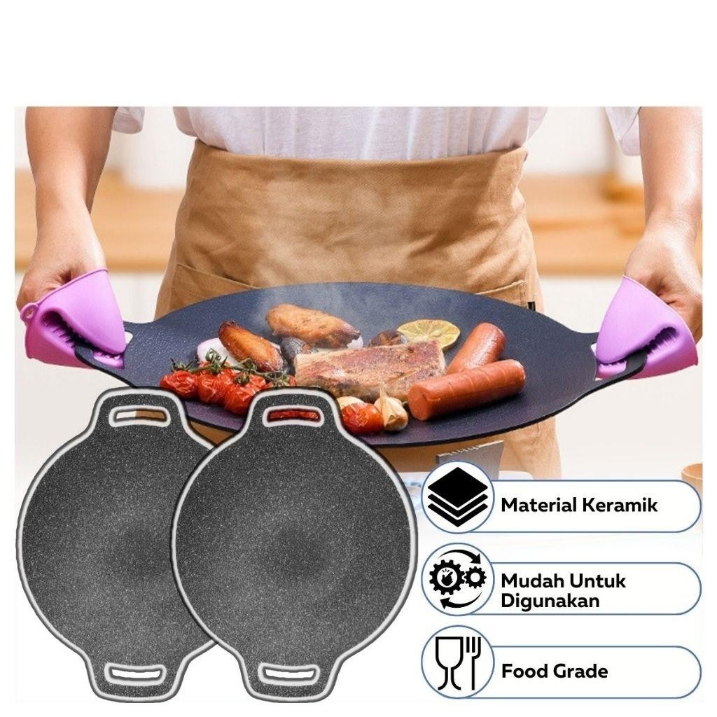 NG Panggangan BBQ Bulat Korean Grill Pan Plate / Wajan Kuali Panci Teflon Konduksi Daging Steak Beef