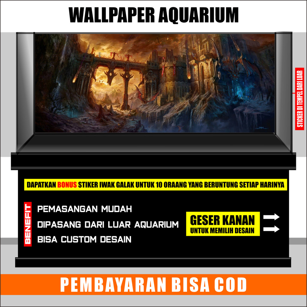 stiker background aquarium 3d timbul custome jumbo kaca akrilik besar full set  abstrak ae