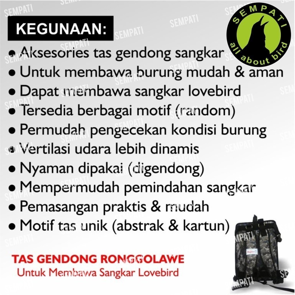 Ay00 Sempati Tas Punggung untuk Bawa Sangkar Burung Ronggolawe EBOD JAYA