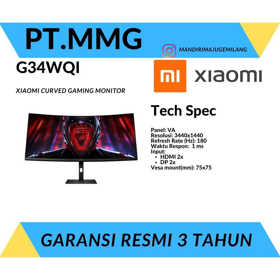 Monitor Curved LED Xiaomi G34WQi Ultrawide 34" WQHD 2K 1440p IPS 180Hz 1ms HDMI DP Vesa