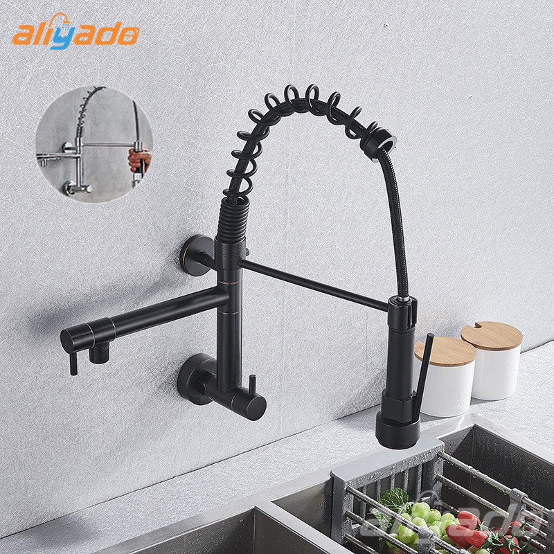 WOW Keran Wastafel Dinding Bahan Kuningan Warna Hitam Keran Air Cuci Piring Kran Dinding Kran Cuci P