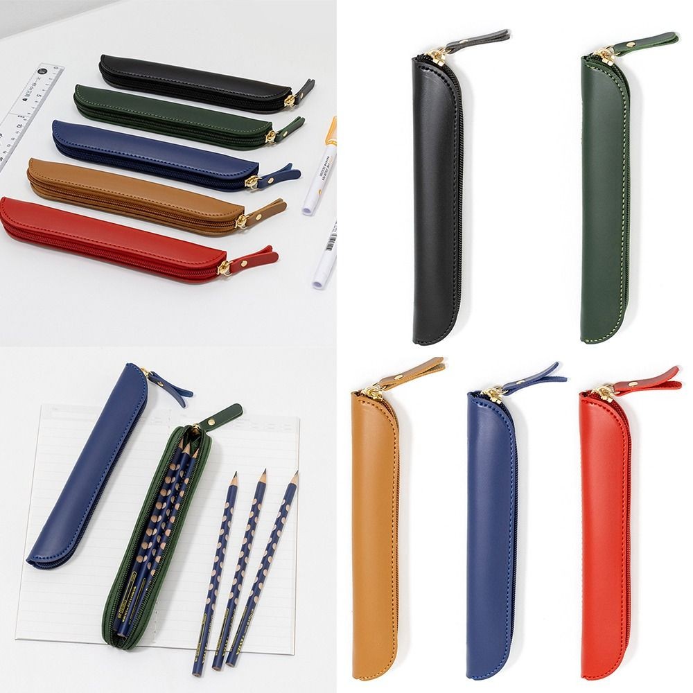

Solid Color PU Leather Pen Bag Stationery Storage Bag Pen Protective Bag Student Business Curved Zipper Portable Pen Pou