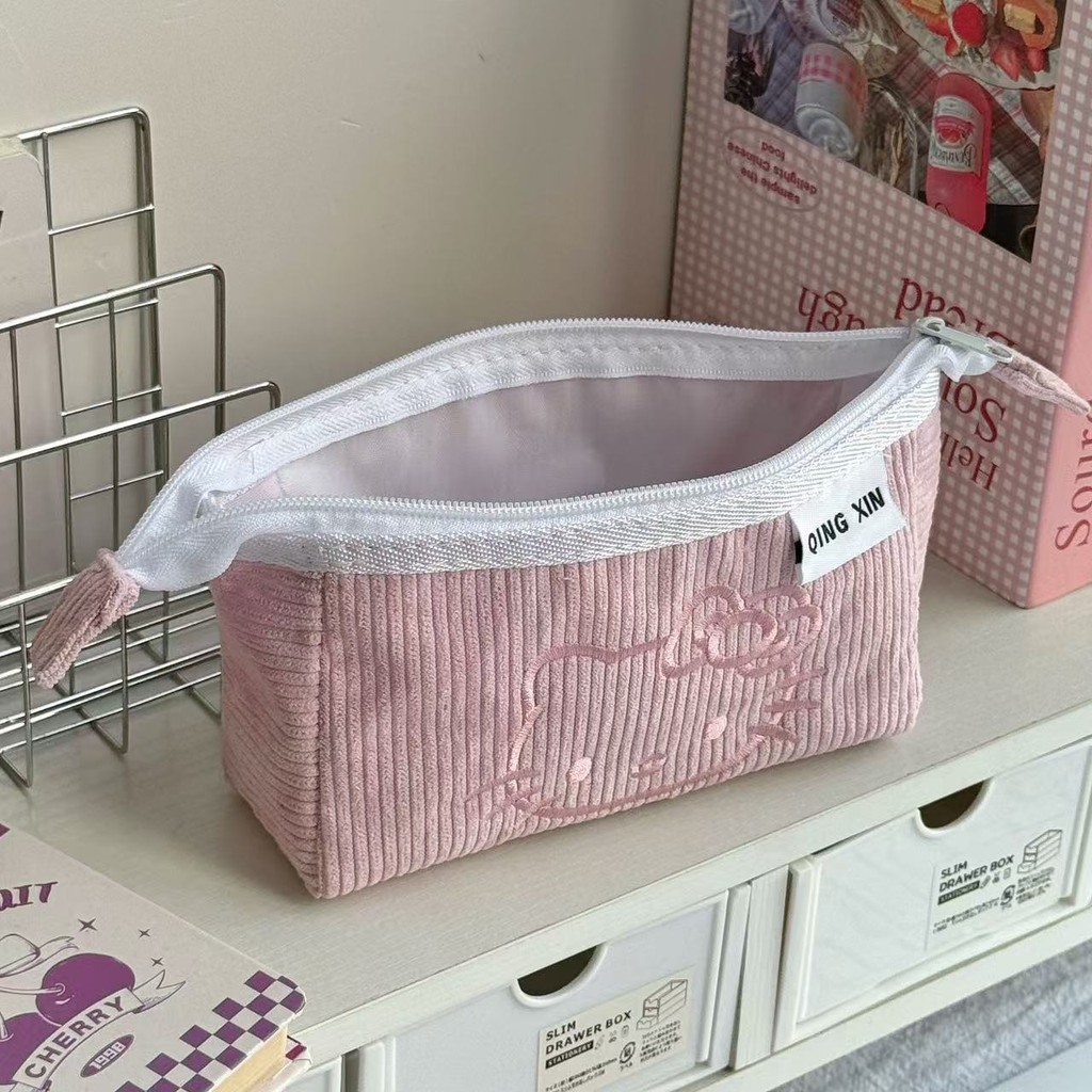 

Sanrio HelloKitty pencil case girly heart corduroy Hello Kitty stationery storage bag desktop finishing pencil case