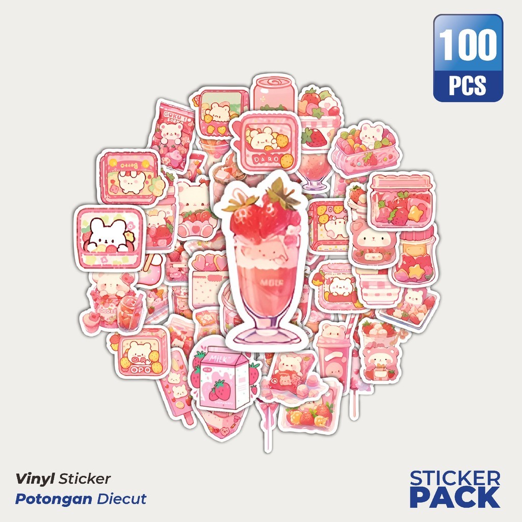 

MURAH 100 PCS Stiker Snack Pink [Cemilan Warna Pink] Waterproof Aesthetic- Untuk Laptop, Motor, dan Helm - Paper Stationery Pack