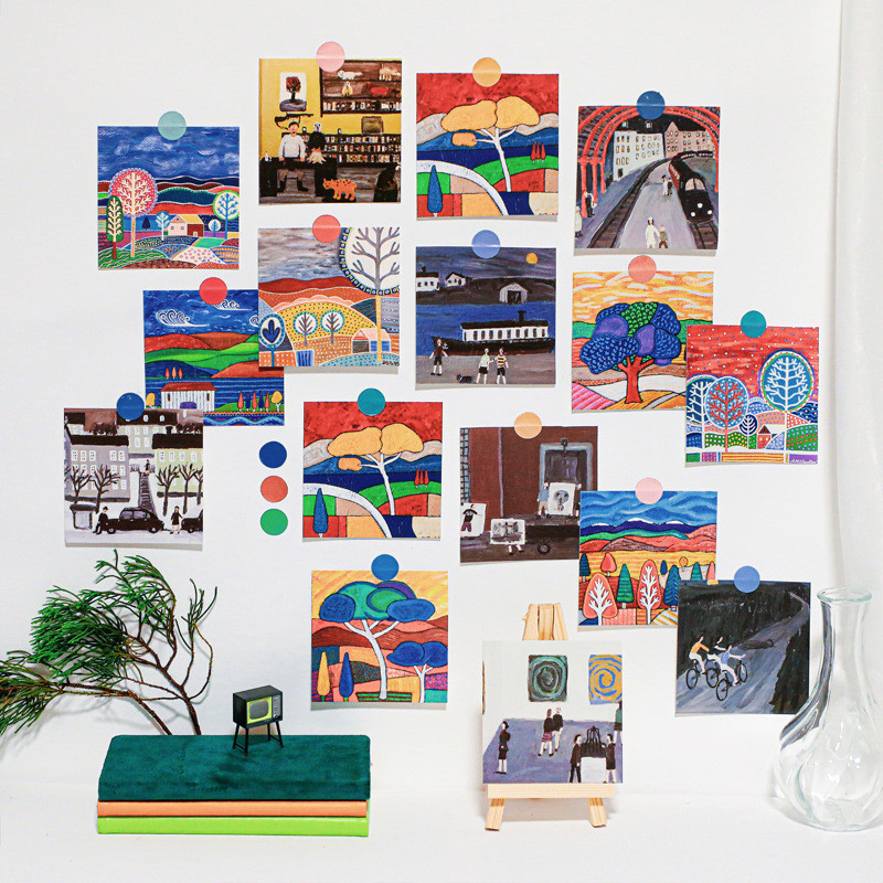 

Square Cartoon Ins Oil Painting Postcard 9 Sheets Color Beautiful Countryside Decoratiove Card Creative Diy Wall Sticker Poster