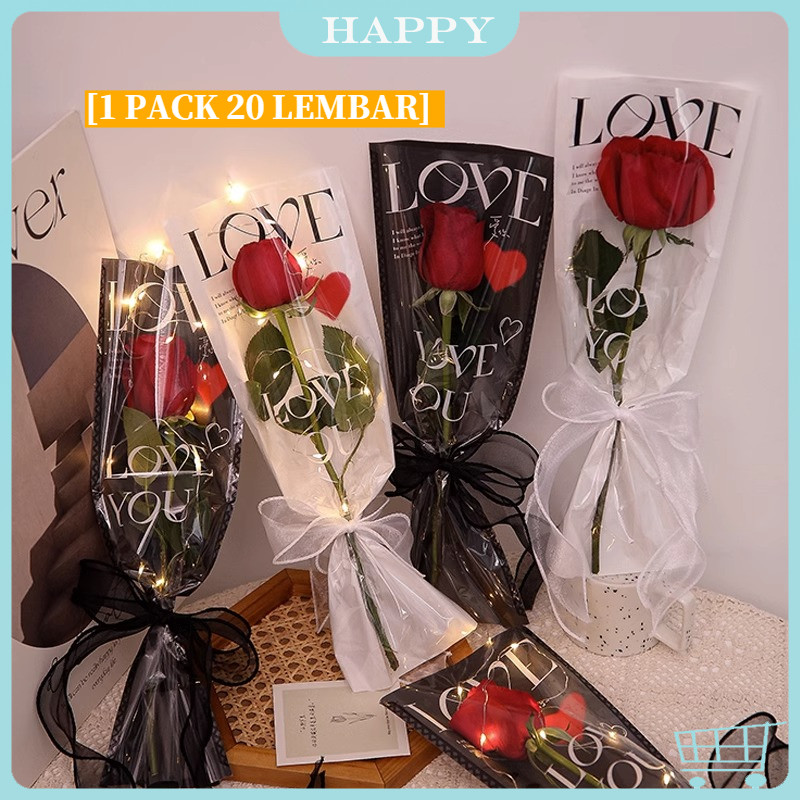 

[1 PACK 20 LEMBAR] PLASTIK SINGLE FLOWER TULISAN LOVE PRINTED KOREAN STYLE PLASTIK BUNGA TANGKAIAN SATUAN SINGLE STALK ROSE MIKA BUNGA ECER PLASTIC BAG