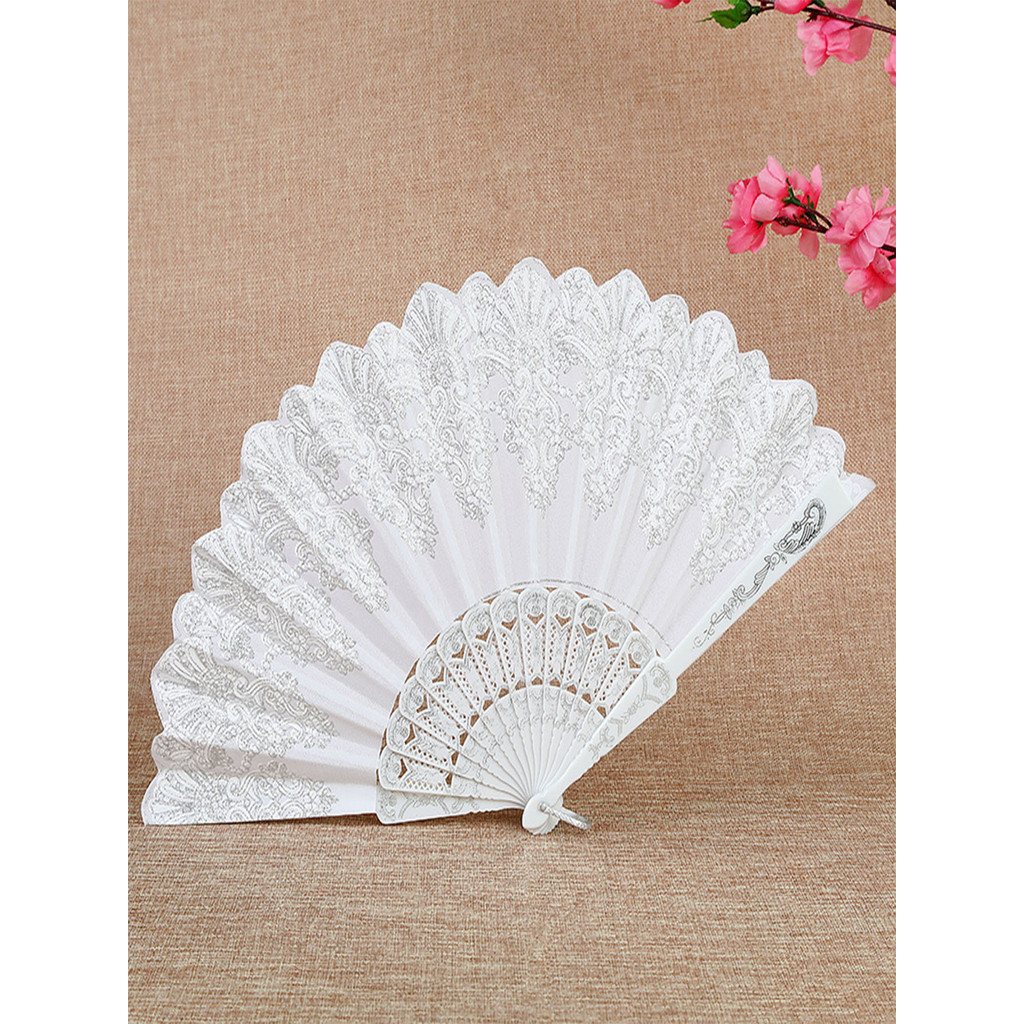 

1 piece white female fan, silver floral decoration, very suitable for dancing, stylish and elegant, single flower folding fan Ch