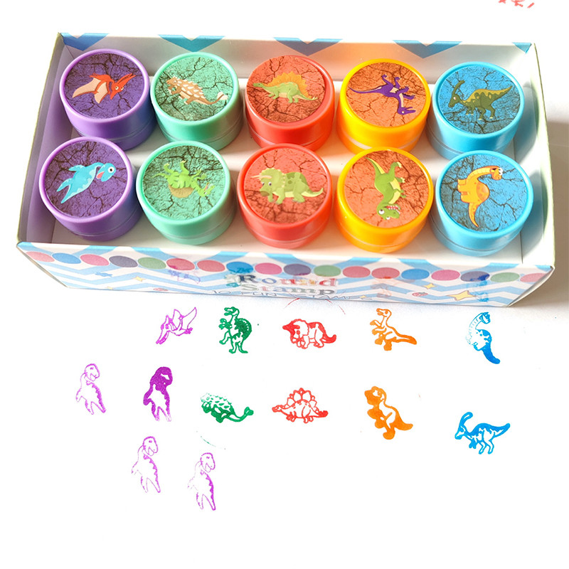 

10 Pcs/Set Cute Stamp Toy Cartoon Dinosaur Animal Marine Life Encourage Pattern Round Plastic DIY Toy Seal with Box for Kids