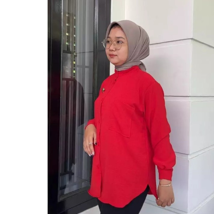 Baju Kemeja Merah Cabe Polos Wanita Tangan Panjang Oval Spesial Kemerdekaan