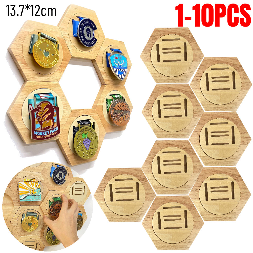 

1-10Pcs Wooden Medal Display Racks Hexagonal Honeycomb Combination Medal Holder Honor Commemorative Display Home Wall Decoration