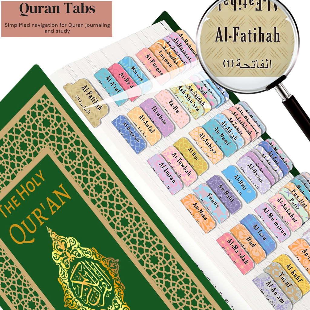 

120 Self-Adhesive Holy Book Tabs in English & Arabic -Tear-Resistant Surah Organizer Labels with Islamic Designs & Islamic Gifts