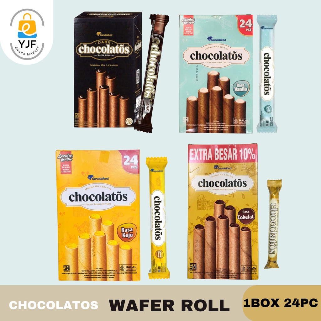 

Chocolatos Wafer Roll Stik Kemasan Besar / 1BOX/24PC Chocolatos Rasa Keju / Vanilla / Chocolate Flavour / Dark Coklat