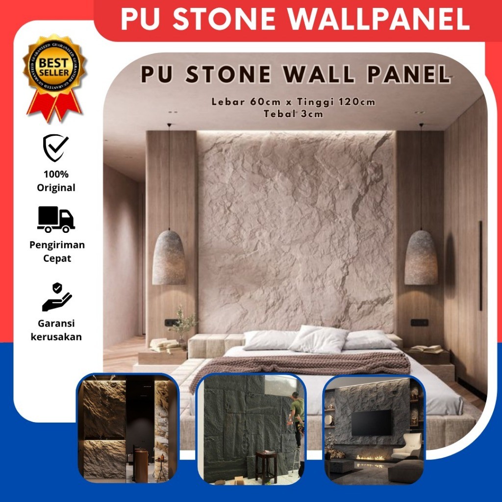 PU Stone Panel Batu Alam 3D Dinding Estetik 60x120cm Desain tekstur natural untuk Interior