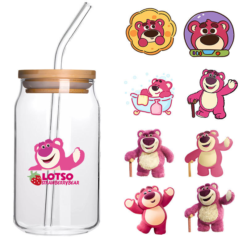

Miniso Cartoon Strawberry Bear5 Waterproof 16oz Glass Sticker UV DTF Cup Wrap Transfers Sticker Custom Label DIY Waterproof Logo