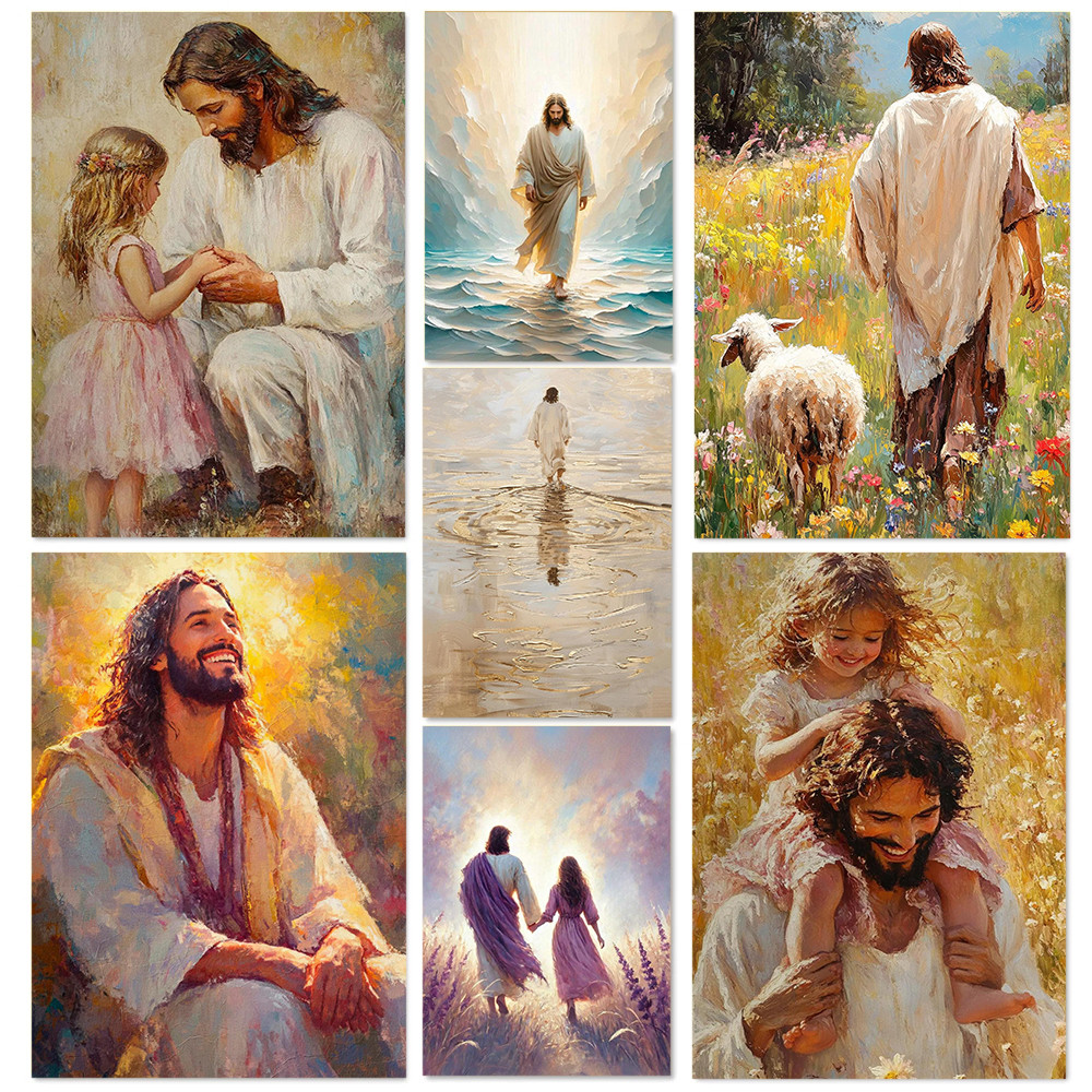 

Jesus Carrying A Smiling Child In A Field Of Flowers Walking With Children Poster Canvas Painting Wall Art Pictures Home Decor